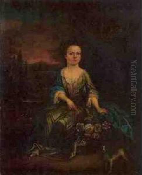 Portrait Of A Young Girl, Full 
Length, In A Green Dress Beside A Basket Of Flowers And A Spaniel With A
 Wooded River Landscape Beyond Oil Painting by James Francis Maubert