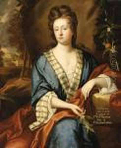 Portrait Of Catherine, Lady 
Lister, Seated Three-quarter Length,wearing A Blue Dress And Orange 
Shawl, Holding A Sprig Of Orangeblossom Oil Painting by James Francis Maubert