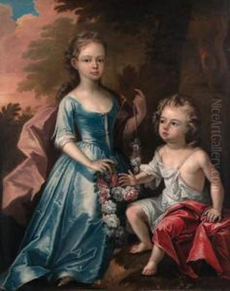 Double Portrait Of A Young Girl,
 Full-length, In A Blue Satin Dressand Mauve Wrap, Holding A Wreath Of 
Flowers, And A Young Boy Inclassical Dress, In A Wooded Landscape Oil Painting by James Francis Maubert