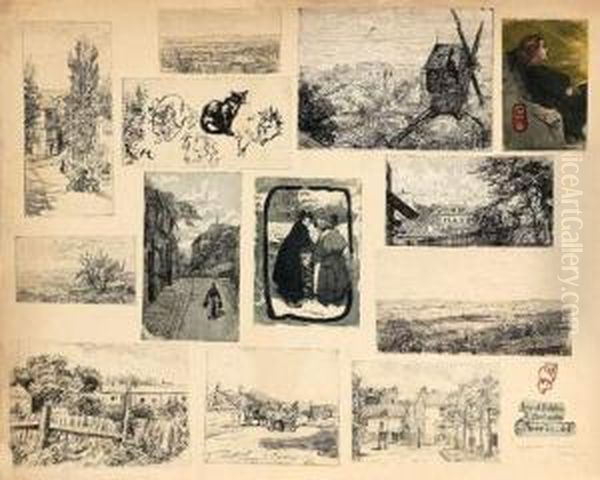 Vues De Montmartre. 14 Sujets 
(chats, Vues De Montmartre, Femmes?) Vers 1895. Exceptionnelle Planche 
Portant 8 Sujets Imprimes Et 5 Colles. Oil Painting by Charles Maurin