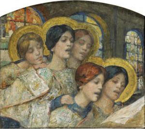 Le Chant Des Anges [ ; The Song 
Of The Angels ; Watercolour And Gouache, Heightened With Gold On Paper ;
 Signed Lower Left ] Oil Painting by Edgard Maxence