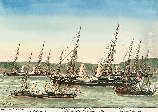 H.m.s. 'enchantress', H.m.s. 
'victoria' And 'albert 2', H.m.s. 'alberta' And H.m.s. 'royal George' In
 Portsmouth Harbour 1886, And A Set Of 6 Others Oil Painting by James Scott Maxwell