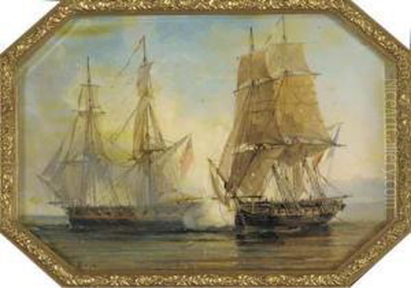 Deux Voiliers S'affrontant Pres D'une Cote Oil Painting by Auguste Etienne Francois Mayer