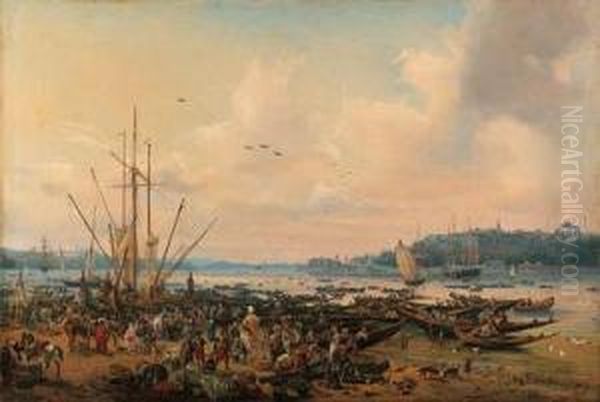 A View Of Constantinople From 
Tophane Looking Towards The Sea Ofmarmara, Showing On The Right The 
Seraglio Point With The Pavilionson The Shore At The Entrance To The 
Golden Horn And, On The Left,the Asian Side With The Selimiye Barracks 
At Scutar Oil Painting by Auguste Etienne Francois Mayer