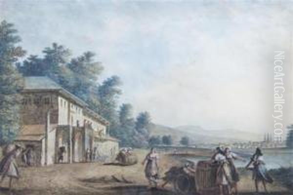 Veduta Del Villagio Di Gigesti 
Nella Valakia Presa Da Un Casino Alle Sponde Del Fiume Argis. Oil Painting by Luigi Mayer