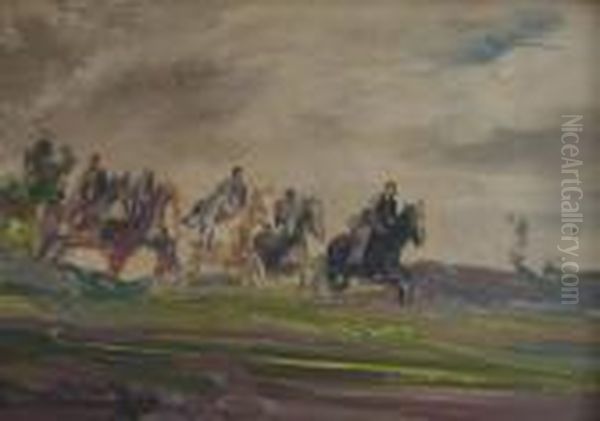 Jagdausritt. Olskizze. 
Bezeichnet Oben Rechts: Mayershofer, Prof. Munchen. Ol Auf Faserplatte. 
Ca 40:54cm. R. (52) Oil Painting by Max Mayrshofer