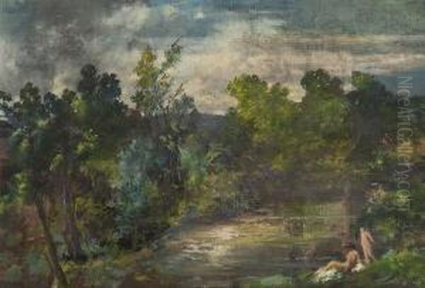 Badende Frauen Am
 Flusufer. Oil Painting by Max Mayrshofer