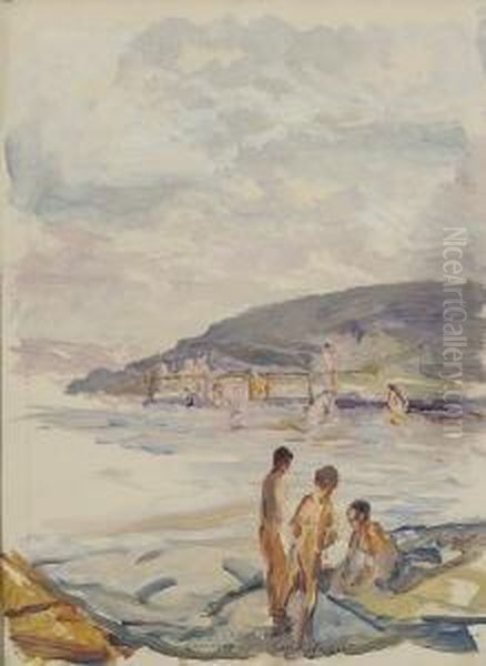 Badende Am Ufer Eines
 Sees. Oil Painting by Max Mayrshofer