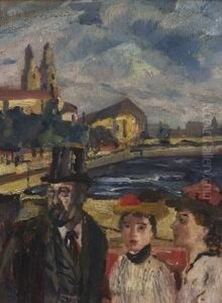 Zurich. Uferpromenade Mit
 Personen. Oil Painting by Max Mayrshofer