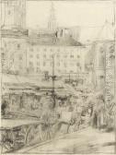 Viktualienmarkt In
 Munchen. Oil Painting by Max Mayrshofer