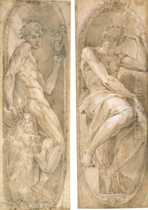 Adam Holding An Apple, Seated, 
In A Medallion; And Aaron Lookingup, Seated, In A Medallion Oil Painting by Girolamo Mazzola Bedoli