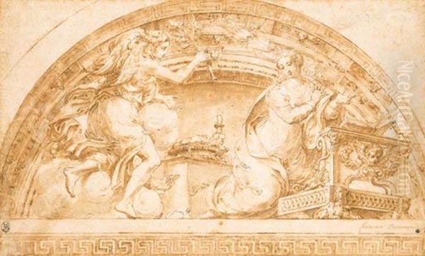 The Annunciation: A Design For A Lunette In A Fictive Cove Above Agreek Key Pattern
With Inscription 'francesco Parmesan'
Black Chalk Oil Painting by Girolamo Mazzola Bedoli
