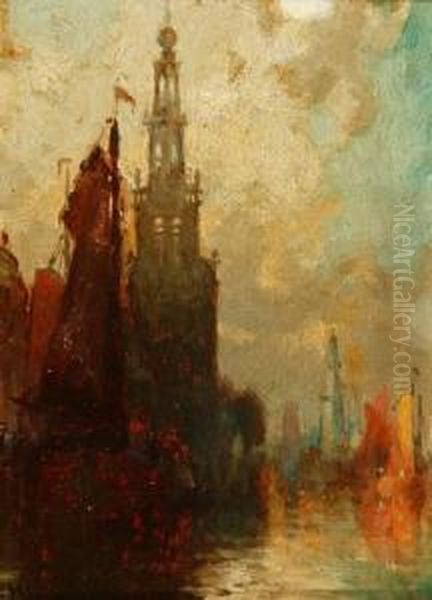 Amsterdam Harbor Scenewith 
Spired Building. Oil On Canvas. Gilt-composition Frame. Signedl.l Oil Painting by George Herbert McCord