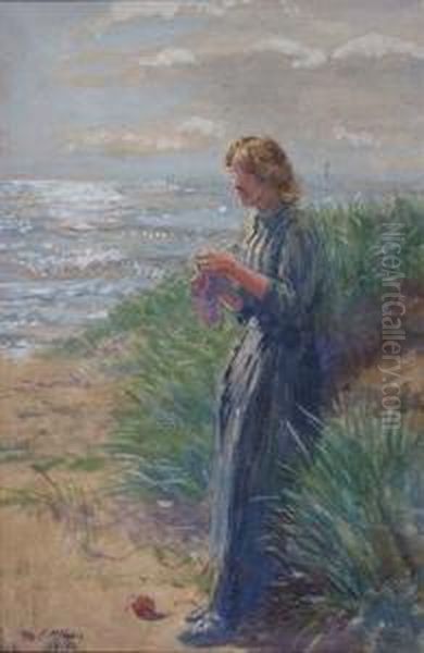 Coastal Scene With Lady Knitting From A Ball Of Wool Oil Painting by John Mcghie