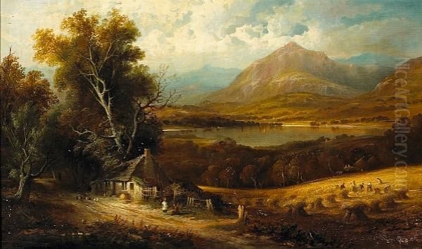 A Cottage By A Country Road With
 Figures Harvesting And A Lake And Mountains Beyond; Also A Companion 
Landscape (a Pair) Oil Painting by Joseph Wrightson McIntyre