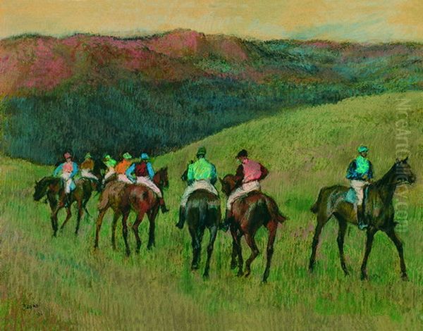 Racehorses in a Landscape Oil Painting by Edgar Degas