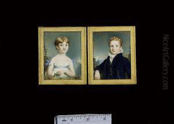 Lady Isabella And Donald 
Campbell Of Sonachan, As Children: She, Wears White Dress With Blue 
Ribbon Waistband And Matching Bows At Her Shoulders, She Holds A 
Thistle; He, Wears Blue Coat, Matching Waistcoat And White Chemise With 
Frilled Collar, C Oil Painting by Kenneth Macleay