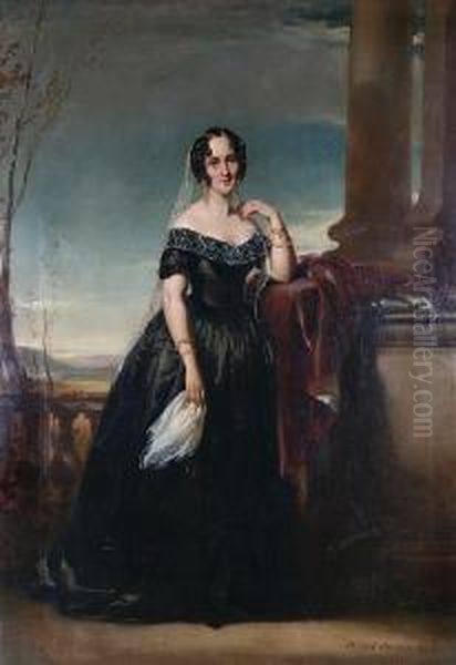 A Portrait Of A Lady, Full 
Length, Standingbefore A Landscape Wearing Gold Earrings, And Pearl 
Bracelet Oil Painting by Daniel Macnee