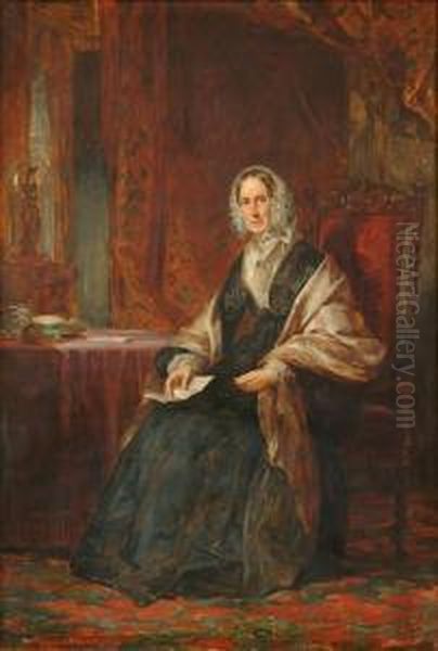 Portrait Of A Ladysaid To Be Mrs
 James Mackenzie Of Craigpark Full Length, Seated Ata Table Oil Painting by Daniel Macnee