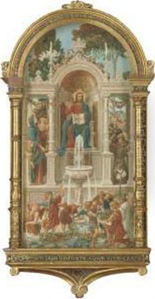 Christ Enthroned, Flanked By The
 Virgin And St. Francis Of Assisi, Before The Fountain Of Life Oil Painting by Ricciardo Meacci