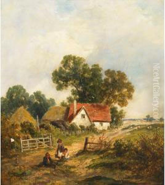 Children Outside A Farmhouse Oil Painting by James Edwin Meadows