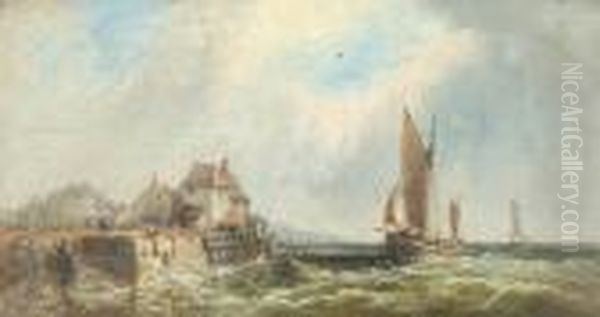 Fishing Vessels Approaching A Jetty; Fishing Vessels At Sea Oil Painting by James Edwin Meadows