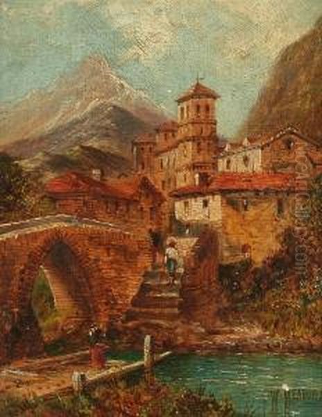 An Italian Village With Figures By A River Oil Painting by William Meadows
