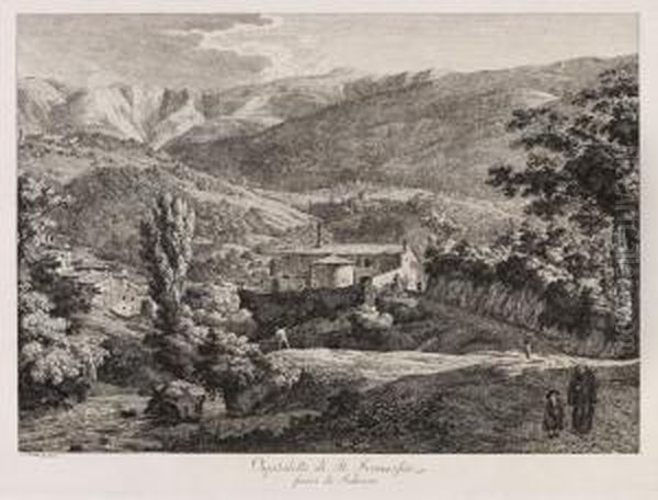 2 Blatter: Das Hospital Des 
Heiligen Franziskus Bei Subiaco. Eingang In Den Wald Bei Der Stadt 
Marino Oil Painting by Jacob Wilhelm Mechau