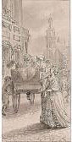 Three Designs For Book 
Illustrations: A) Street Scene With Gentlemen And A Violinist; B) 
Street Scene With A Carriage And A Lady; C) A Domestic Interior Oil Painting by Jacob Wilhelm Mechau