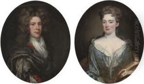 Portrait Of Thomas Mans[?], 
Bust-length, In A Red And Grey Robe With A White Cravat; And Portrait Of
 His Wife, Bust-length, In A Blue Dress With A Red Wrap Oil Painting by Sir John Baptist de Medina