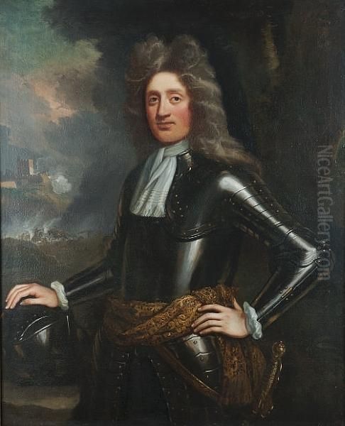 Portrait Of A Gentleman, 
Standing Three-quarter-length, In Armour, His Right Hand Resting On A 
Helmet, A View To A Cavalry Battle. Oil Painting by Sir John Baptist de Medina