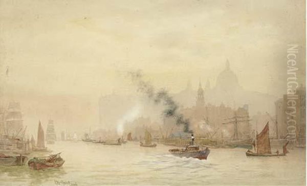 A View Of Westminster From The 
South Bank; And A View Of St. Paul's From Across The Thames Oil Painting by Hubert James Medlycott