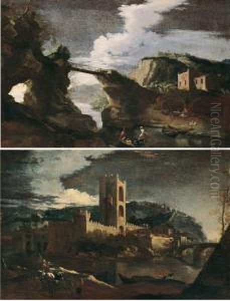 Lotto Unico Di Due Dipinti Raffiguranti ?paesaggio Con
 Ponte? E ?paesaggio Con Torri E Ponte? (?firenze A San Oil Painting by Lieven Mehus