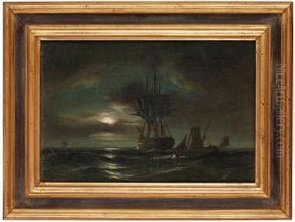 Ships In The Moonlight Oil Painting by Anton Melbye