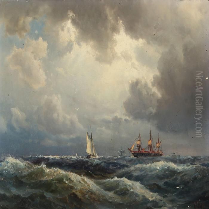 Seascape With Sailing And Motor Ships Oil Painting by Vilhelm Melbye