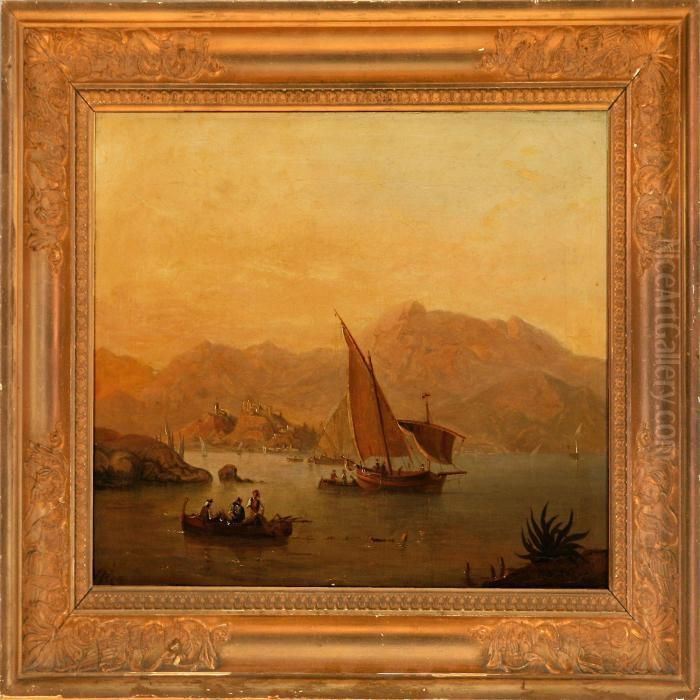 Coastal Scene With Afishing 
Dinghy And Other Ships In Haze Afternoon Sun, Southern Europe Oil Painting by Vilhelm Melbye
