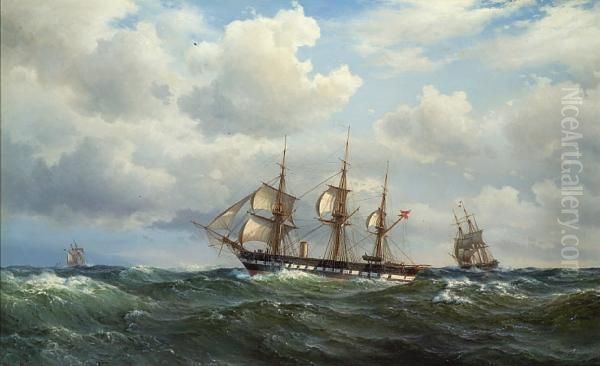 The Danish Auxiliary Steam 
Frigate 'sjaaland'cruising Under Shortened Sail, Before A Strong Breeze 
And Followingseas Oil Painting by Vilhelm Melbye
