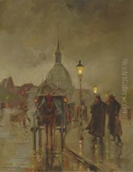 Aapjeskoetsen At The Hotel 
Americain, Leidseplein, The Koepelkerkin The Background, Amsterdam Oil Painting by Jan Hermanus Melcher Tilmes