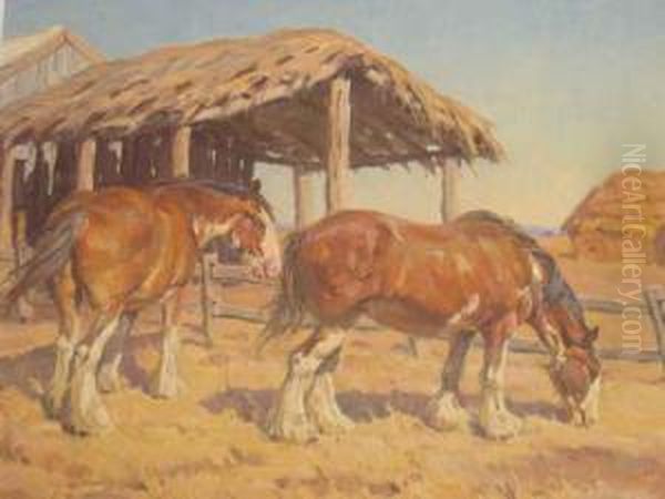 Two Clydesdales Resting Oil Painting by Duncan Max Meldrum