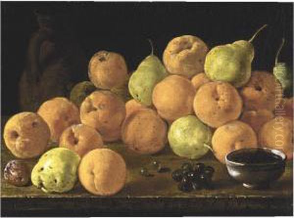 A Still Life Of Quinces, Pears, A
 Plum, A Bunch Of Red Grapes, Green Grapes, A Terracotta Jug And A 
Ceramic Cup, All Arranged Upon A Table Top Oil Painting by Luis Eugenio Melendez
