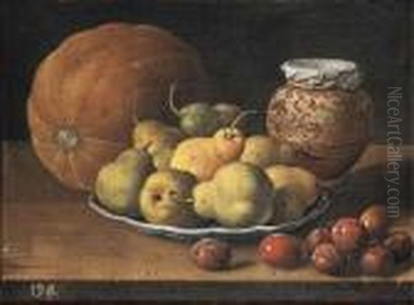 Pears On A Plate, A Melon, 
Plums, And A Decorated Manises Jar Withplums On A Wooden Ledge Oil Painting by Luis Eugenio Melendez