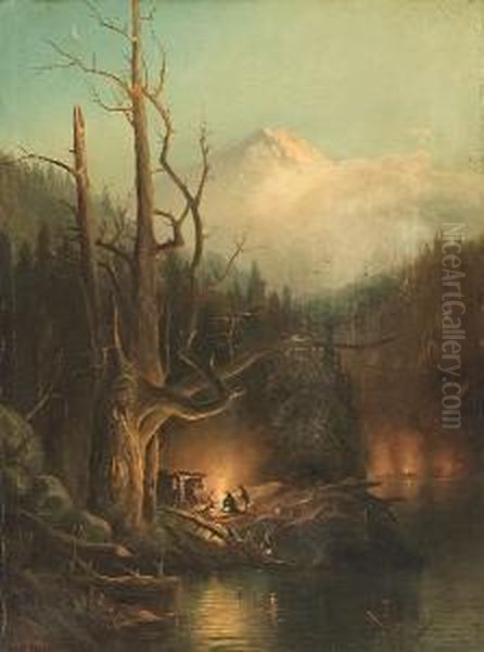 Encampment At The Base Of A Snow Covered Mountain Oil Painting by Andrew Melrose