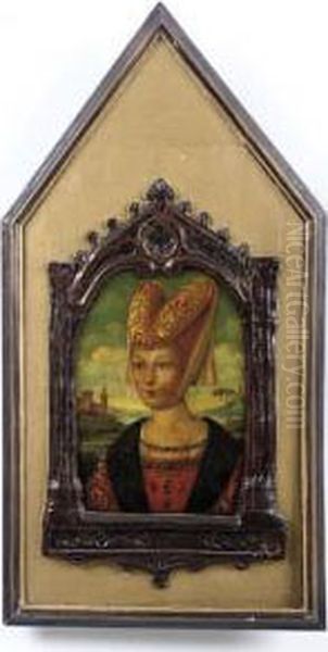 Portrait Of A Lady, Half-length In A Red Be-jewelled Dress, A Castle Beyond Oil Painting by (manner of) Memling, Hans