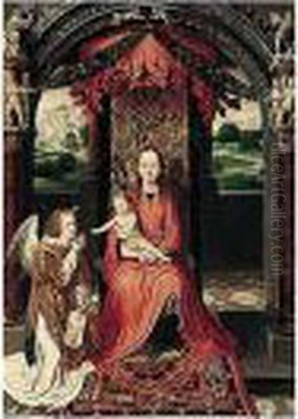 The Virgin And Child Enthroned, 
With An Angelic Musician Offering An Apple To The Christ Child Oil Painting by (manner of) Memling, Hans