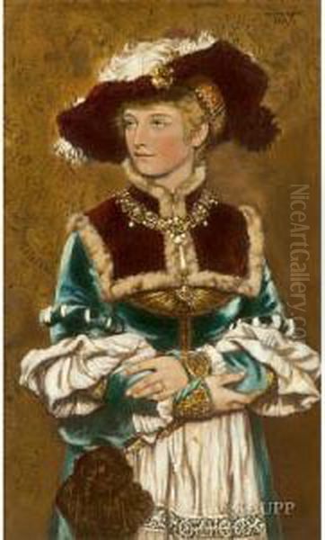 Halbfigurenbildnis Einer Jungen 
Dame In Tracht Immittelalterlichen Stil Mit Grunem Kleid Mit Hellen 
Armelkrempen,bestickter Schurze, Einem Prachtigen Weinroten Samtkragen 
Mitpelzbesatz Sowie Einem Federgeschmuckten Hut Oil Painting by Wilhelm Menzler Casel