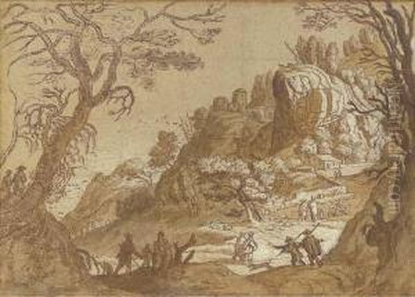 An Extensive Mountain Landscape 
Seen Through Trees, With Peasants And Their Flocks And Travellers On A 
Road Beyond Oil Painting by Matthaus the Elder Merian