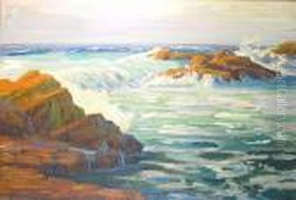 A Rocky Coastal Scene Oil Painting by James Arthur Merriam