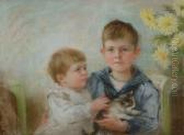 Boy And A Child With A Kitten Oil Painting by Anna Lea Merritt