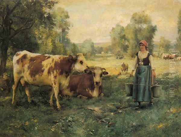 A Milk Maid With Cows And Sheep Oil Painting by Julien Dupre