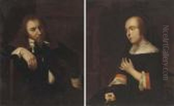 Portrait Of A Gentleman, Seated,
 In A Black Jacket; And Portrait Ofa Lady, Seated, In A Black Dress Oil Painting by Gabriel Metsu